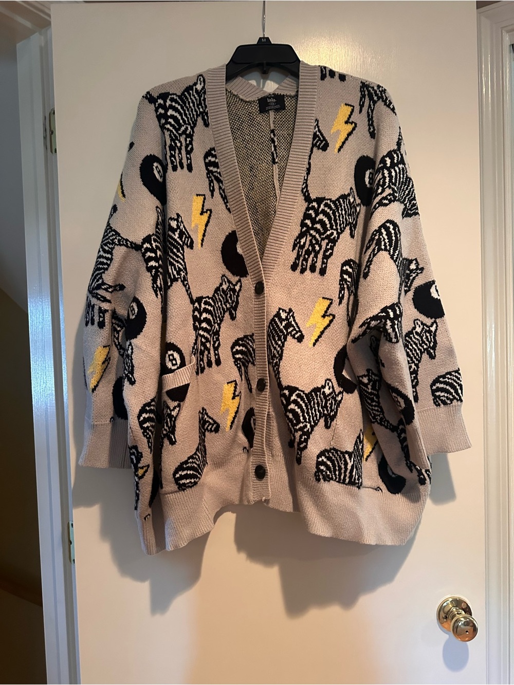 Dressed in LALA “good luck charm” Zebra & Lightning Button-Front Cardigan